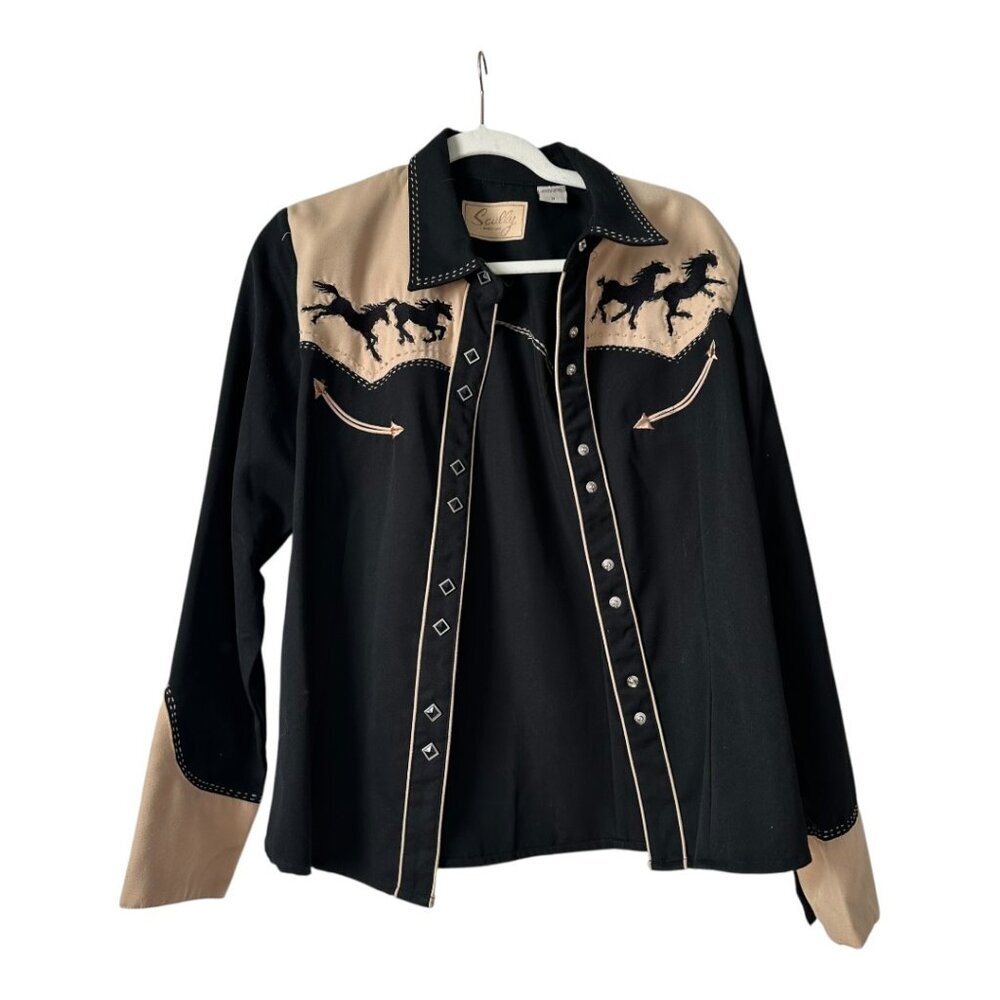 Vintage Scully Black Diamond Pearl Snap Western Shirt | Horses & Beading | Women